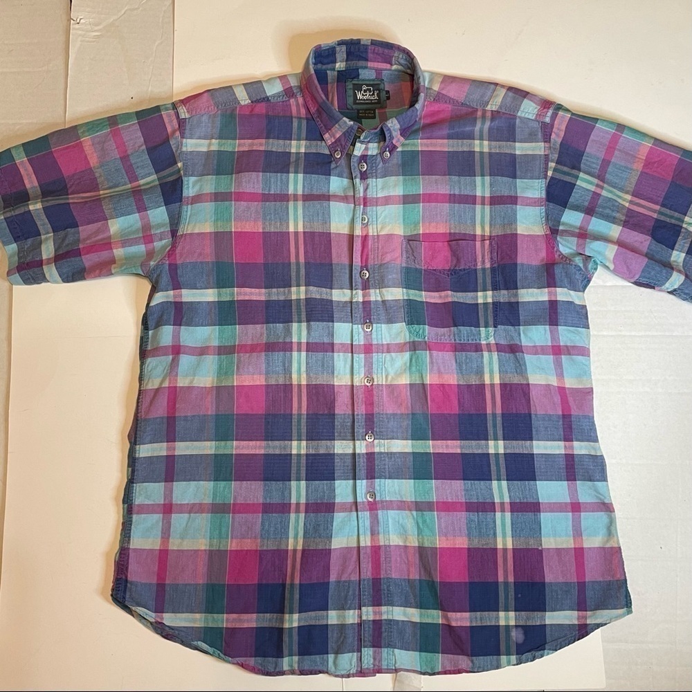 Men's Woolrich Spring Pink Blue Plaid Button Down Shirt Size Large